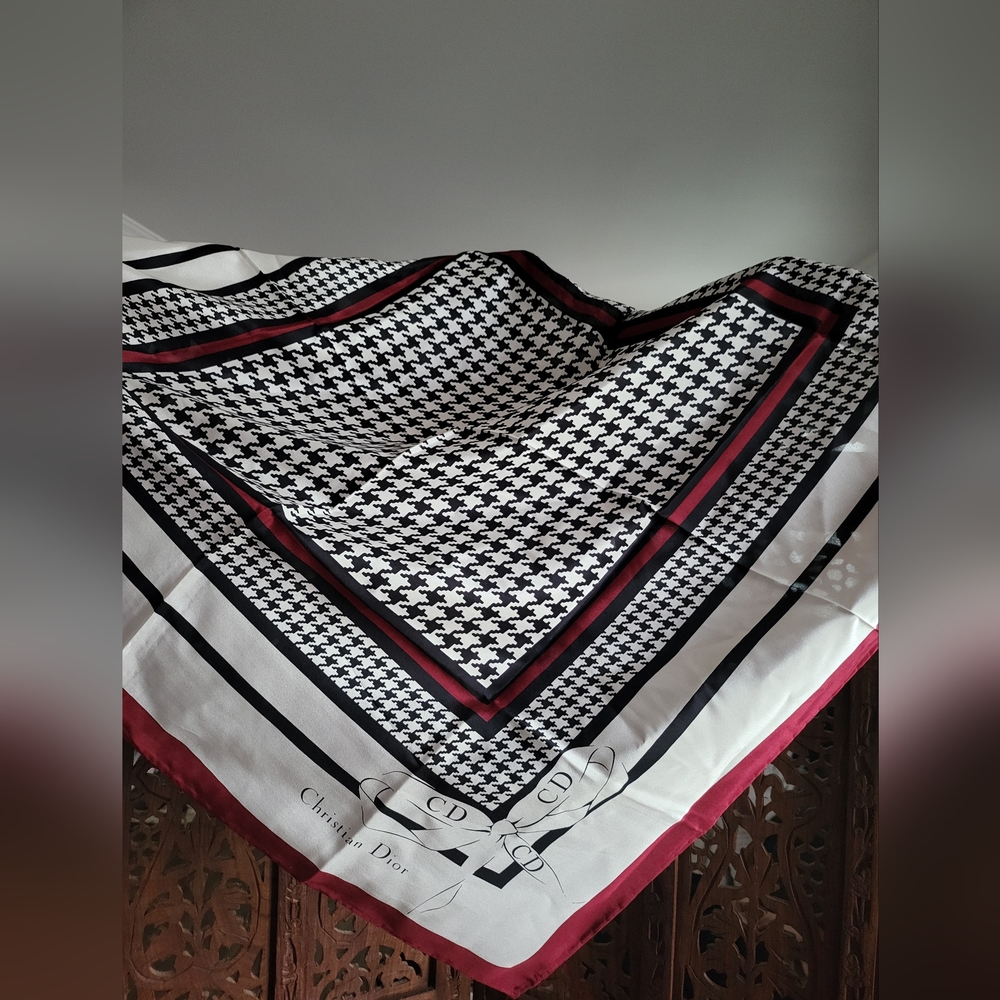 Christian Dior Black and White Houndstooth Silk Scarf with Red Accents - Picture 2 of 3